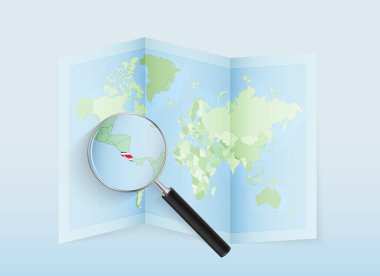 Kosta Rika 'yı gösteren büyüteçli katlanmış bir dünya haritası. İtalya haritası ve bayrağı.