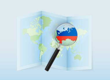 A folded world map with a magnifying lens pointing towards Russia. Map and flag of Italy in loupe. clipart