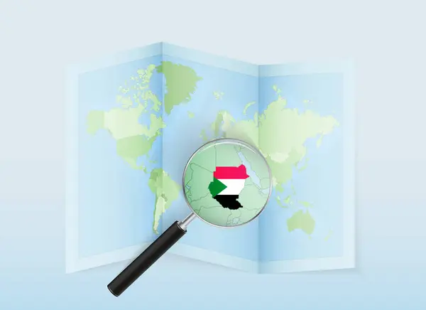 Eine Gefaltete Weltkarte Mit Einer Lupe Die Richtung Sudan Zeigt — Stockvektor