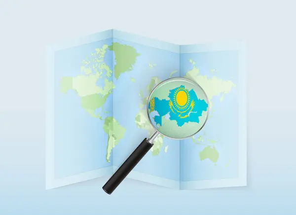 Folded World Map Magnifying Lens Pointing Kazakhstan Map Flag Italy — Stock Vector