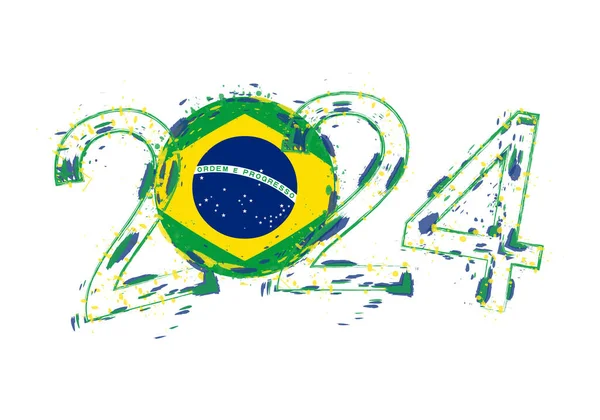 2024 Année Style Grunge Avec Drapeau Brésil — Image vectorielle