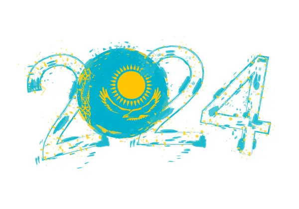 2024 Year Grunge Style Flag Kazakhstan — Stock Vector