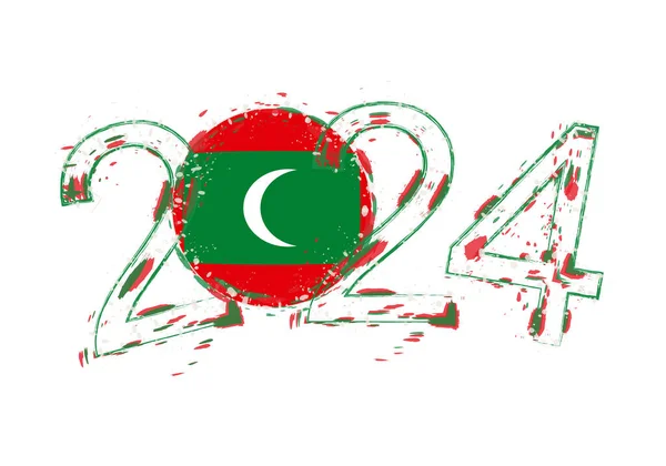 stock vector 2024 Year in grunge style with flag of Maldives.