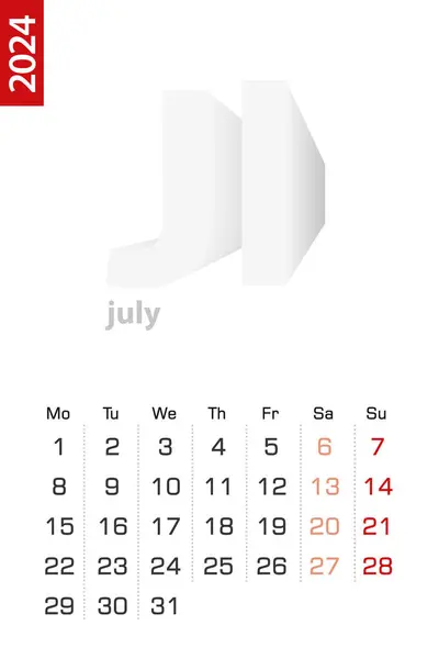 Минималистский Календарь Июль 2024 Года Векторный Календарь Английском Языке — стоковый вектор
