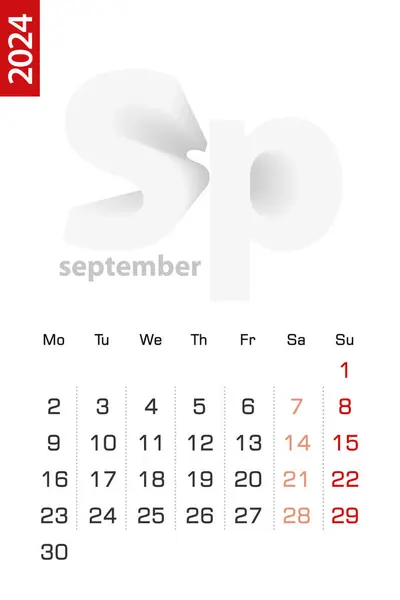 Минималистский Календарь Сентябрь 2024 Года Векторный Календарь Английском Языке — стоковый вектор
