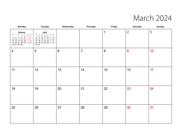 Março 2024 Planejador Calendário Simples Semana Começa Partir Segunda Feira — Vetor de Stock