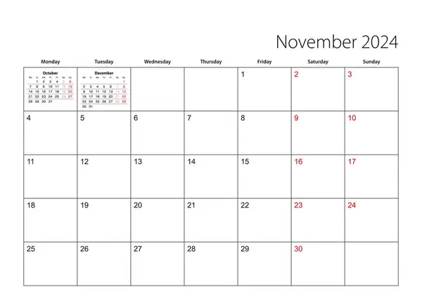 11月2024 シンプルなカレンダープランナー 週は月曜日から始まります — ストックベクタ