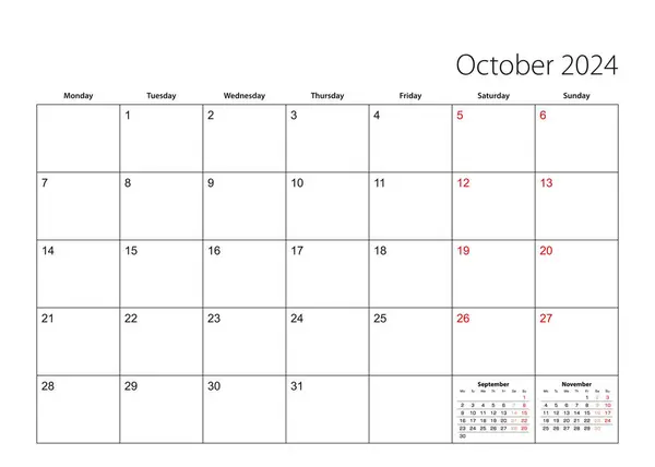 Octubre 2024 Planificador Calendario Simple Semana Comienza Desde Lunes — Vector de stock