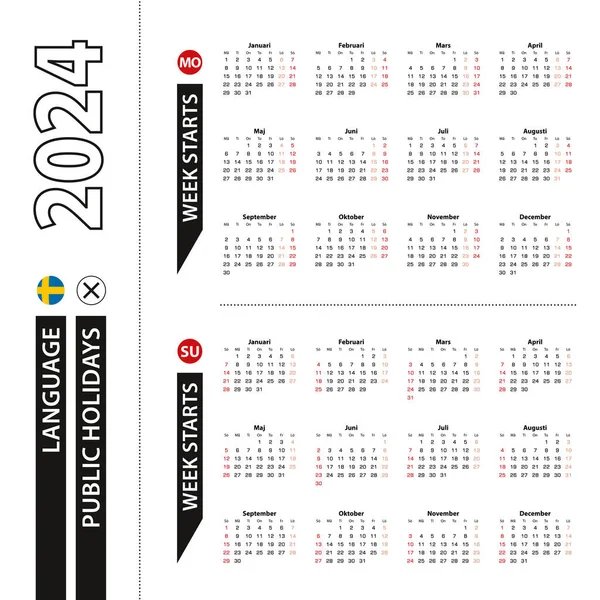 Dwie Wersje Kalendarza 2024 Języku Szwedzkim Tydzień Zaczyna Się Poniedziałku — Wektor stockowy