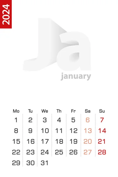 Minimalist Calendar Template January 2024 Vector Calendar English — Stock Vector