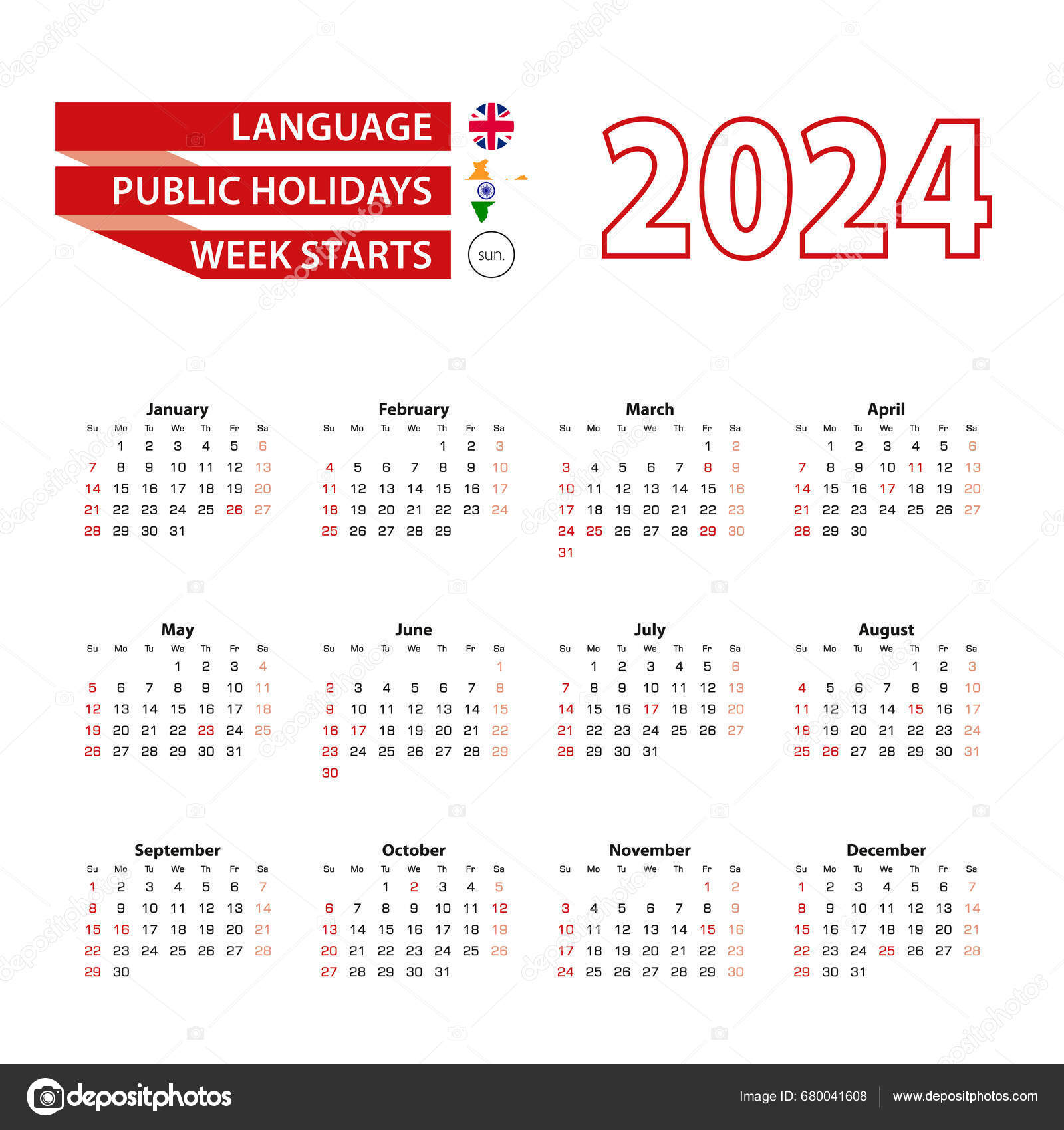 Calendar 2024 English Language Public Holidays Country India Year 2024
