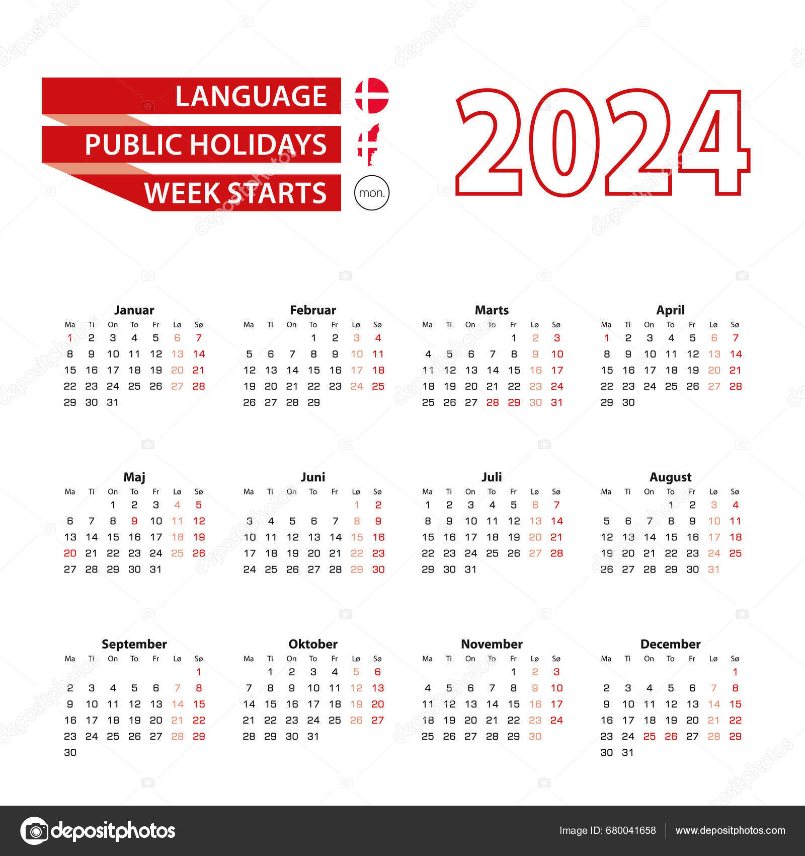 Calendar 2024 Danish Language Public Holidays Country Denmark Year 2024