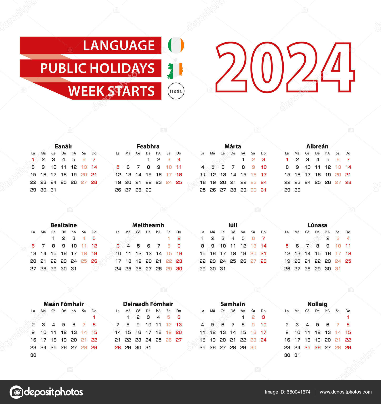 Calendar 2024 Irish Language Public Holidays Country Ireland Year 2024