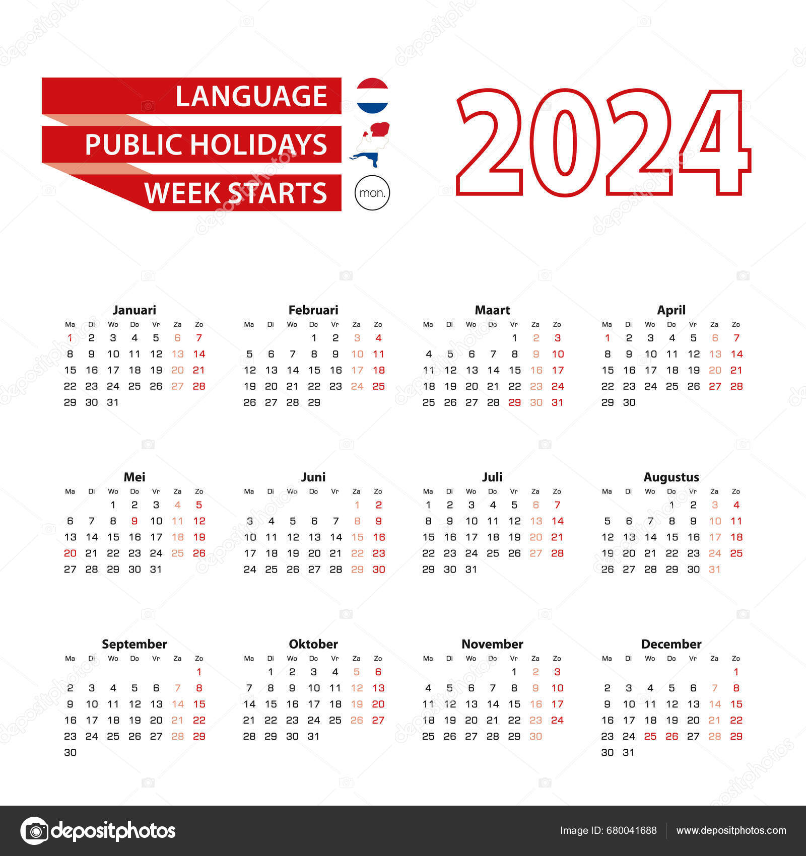 Calendar 2024 Dutch Language Public Holidays Country Netherlands Year