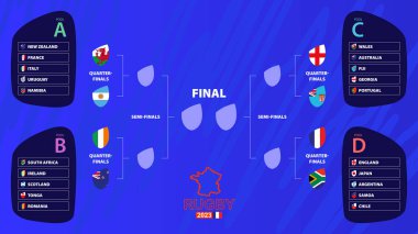 Ragbi 2023 playoff maçı çeyrek finale kadar uluslararası ragbi turnuvası katılımcılarıyla dolu. Vektör illüstrasyonu.