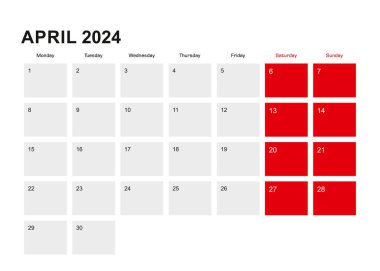 2024 Nisan planlama takvimi tasarımı. Hafta pazartesiden itibaren başlıyor.