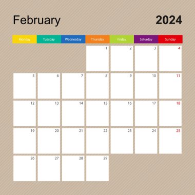 Şubat 2024 için takvim sayfası, renkli tasarımlı duvar planlayıcısı. Hafta pazartesi başlıyor..