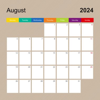 Ağustos 2024 takvim sayfası, renkli tasarımlı duvar planlayıcısı. Hafta pazartesi başlıyor..