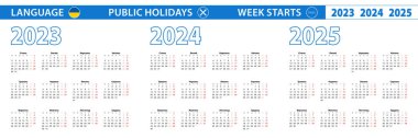 2023, 2024 ve 2025 yılları için Ukraynaca basit takvim şablonu. Hafta pazartesiden itibaren başlıyor.