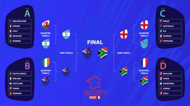 Rugby 2023 playoff maç programı uluslararası ragbi turnuvası katılımcılarının ulusal bayraklarıyla finale kadar doldu. Vektör illüstrasyonu.