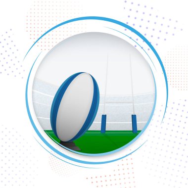 Stadyumun köşesinde rugby topu var. Daire şeklinde rugby ikonu. Vektör illüstrasyonu.