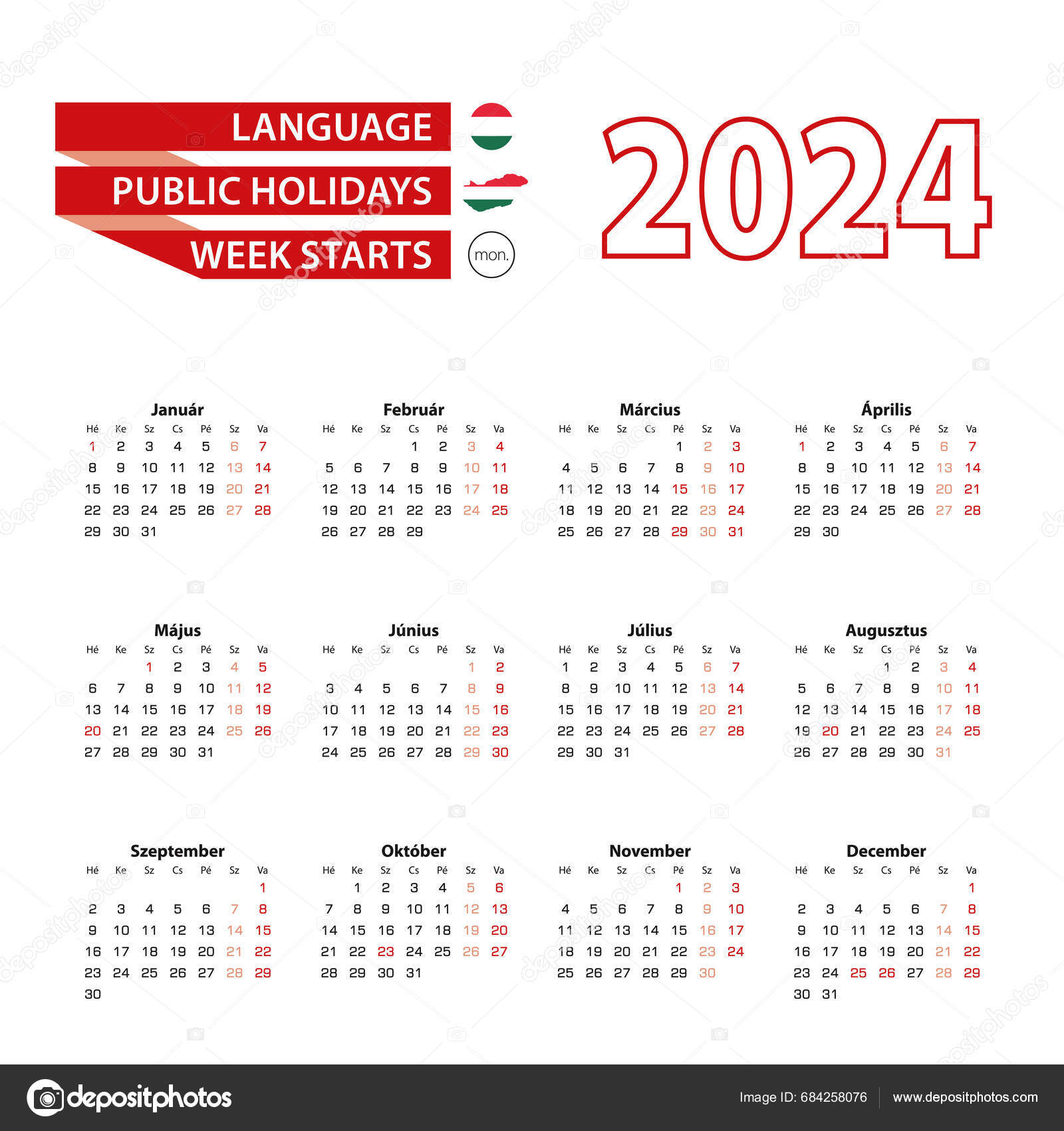 Calendar 2024 Hungarian Language Public Holidays Country Hungary Year