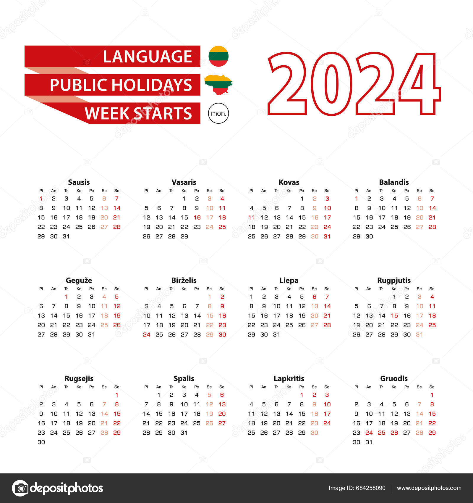 Calendar 2024 Lithuanian Language Public Holidays Country Lithuania
