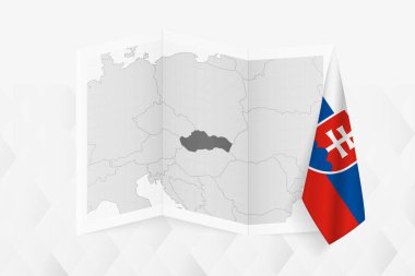 Bir tarafında Slovakya bayrağı asılı gri tonlu bir Slovakya haritası. Pek çok haber türü için vektör haritası.