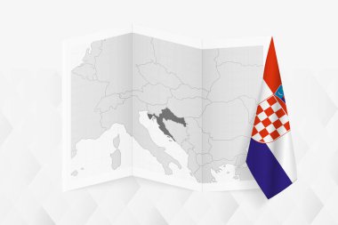 Hırvatistan 'ın gri tonlarında bir haritası ve bir tarafında asılı bir Hırvat bayrağı. Pek çok haber türü için vektör haritası.