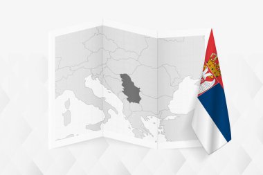 A grayscale map of Serbia with a hanging Serbian flag on one side. Vector map for many types of news. clipart