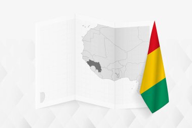 Bir tarafında asılı Gine bayrağı olan gri tonlu bir Gine haritası. Pek çok haber türü için vektör haritası.