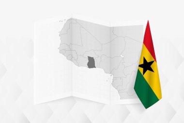 Gana 'nın gri tonlarında bir haritasında bir tarafta asılı bir Ganalı bayrağı var. Pek çok haber türü için vektör haritası.