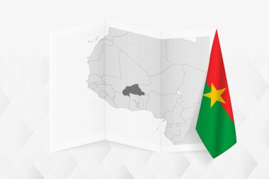 Burkina Faso 'nun gri tonlarında bir haritasında asılı Burkinabe bayrağı var. Pek çok haber türü için vektör haritası.