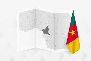 Bir tarafında asılı bir Kamerun bayrağı olan gri tonlu bir Kamerun haritası. Pek çok haber türü için vektör haritası.