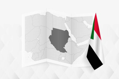 Üzerinde Sudan bayrağı asılı gri tonlu bir Sudan haritası. Pek çok haber türü için vektör haritası.