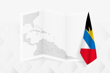 Antigua ve Barbuda 'nın gri tonlarında bir haritası. Bir tarafında asılı Antiguan ve Barbudan bayrağı var. Pek çok haber türü için vektör haritası.