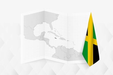 Jamaika 'nın gri tonlarında bir haritası. Bir tarafında Jamaika bayrağı asılı. Pek çok haber türü için vektör haritası.