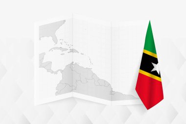 Saint Kitts ve Nevis 'in gri tonlu haritası. Bir tarafında asılı Saint Kitts ve Nevis bayrağı var. Pek çok haber türü için vektör haritası.
