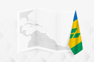 Saint Vincent ve Grenadines 'in gri tonlarında bir haritası. Bir tarafında asılı Saint Vincent ve Grenadines bayrağı var. Pek çok haber türü için vektör haritası.