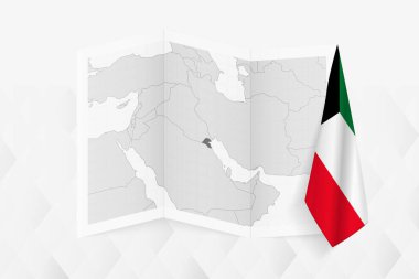 Bir tarafında asılı Kuveyt bayrağı olan gri tonlu bir Kuveyt haritası. Pek çok haber türü için vektör haritası.