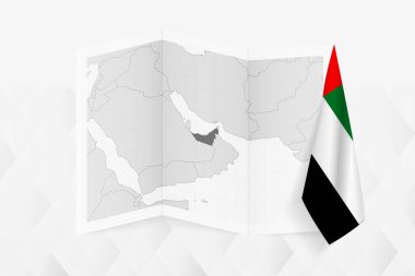 Üzerinde Emirati bayrağı asılı gri tonlu Birleşik Arap Emirlikleri haritası. Pek çok haber türü için vektör haritası.