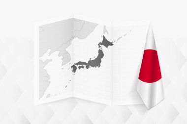 Japonya 'nın gri tonlarında bir haritası ve bir tarafında Japon bayrağı asılı. Pek çok haber türü için vektör haritası.