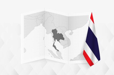 Tayland 'ın gri tonlarında bir haritası. Bir tarafında Tayland bayrağı asılı. Pek çok haber türü için vektör haritası.