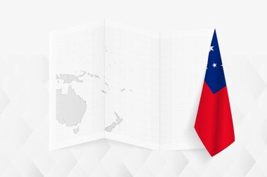 Bir tarafında asılı Samoa bayrağı olan gri tonlu bir Samoa haritası. Pek çok haber türü için vektör haritası.