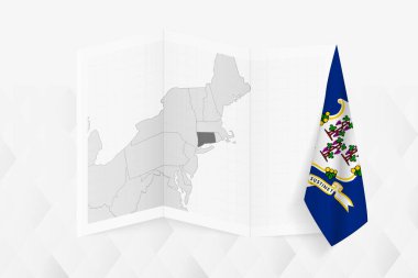 Connecticut 'ın gri tonlarında bir haritası. Bir tarafında Connecticut bayrağı asılı. Pek çok haber türü için vektör haritası.