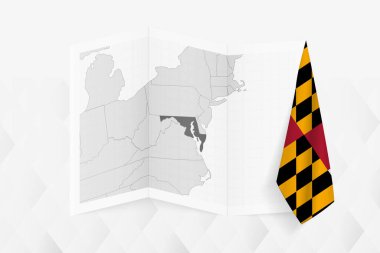 Maryland 'in gri tonlarında bir haritası. Bir tarafında Maryland bayrağı asılı. Pek çok haber türü için vektör haritası.
