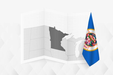 Bir tarafında Minnesota bayrağı asılı gri tonlu bir Minnesota haritası. Pek çok haber türü için vektör haritası.
