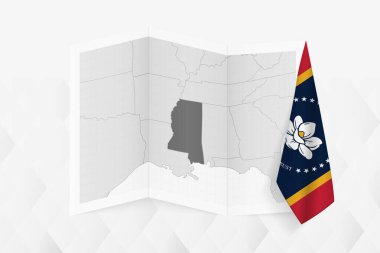 Bir tarafında Mississippi bayrağı asılı gri tonlu Mississippi haritası. Pek çok haber türü için vektör haritası.