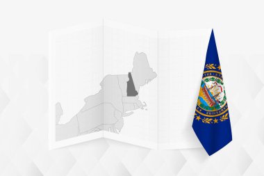 Bir tarafında asılı New Hampshire bayrağı olan gri tonlu bir New Hampshire haritası. Pek çok haber türü için vektör haritası.
