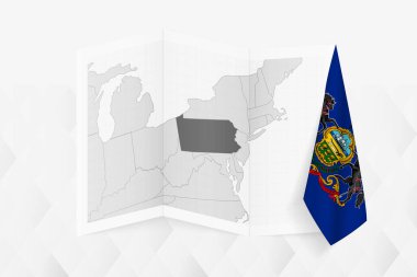 Pensilvanya 'nın gri tonlarında bir haritası. Bir tarafında Pennsylvania bayrağı asılı. Pek çok haber türü için vektör haritası.